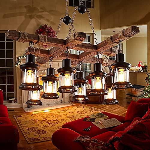 E27 Retro Pendellampe Vintage Pendelleuchte Persönlichkeit Café Holz Kronleuchter Höhenverstellbar Hängelampe Industrial Hängeleuchte Restaurant Küche Wohnzimmer Bar Leuchter Deckenleuchte,8 heads