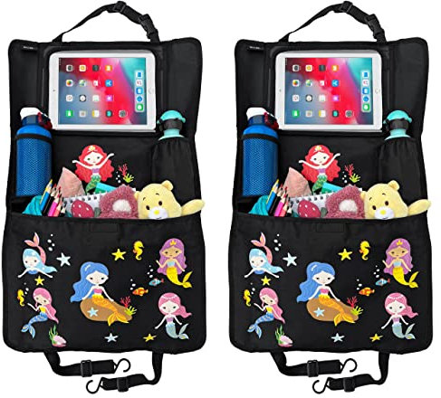HECKBO 2x Organizer Sedile Posteriore Auto per Bambine con Scomparto Regolabile Tablet fino a 20'' con Pellicola Touch - Sirenette - Universale - 70x45cm - Tasca Termica + Tasca a rete
