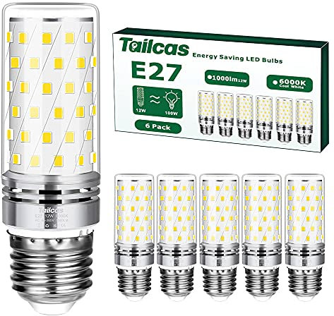 Tailcas E27 LED Kaltweiß Birne, 6000K 1000LM 12W E27 Lampe, Ersatz für 100W Glühlampe, Nicht Dimmbar Kein Flackern Energiesparlampe, AC 85-265V Edison Schraube Kerze Leuchtmittel (6er-Pack)