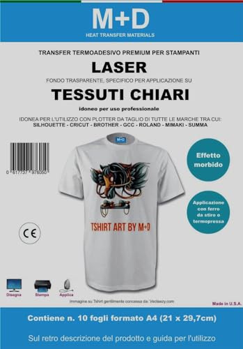 M+D Transfer Termoadesivo Per Tessuti Chiari - Stampabile con Stampanti Laser - Trasferimento a Caldo Compatibile con Silhouette Cameo Brother Scanncut Cricut Maker (conf. da 10 fogli form. A4)