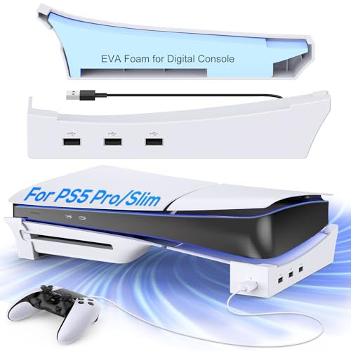 MENEEA Horizontaler Stand für PS5 Pro PS5 Slim Konsole mit 4-Port USB Hub, Standfuß Zubehör für Playstation 5 Slim Disc & Digital Edition, Halter mit 4 USB 2.0 Data Port & Ladeanschluss Erweiterung