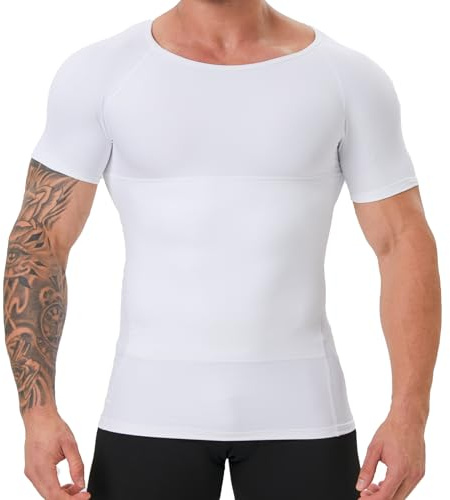 YOWODA Camisa de compresión para hombre, ropa interior moldeadora para hombre, moldeador de cuerpo adelgazante para ginecomastia, abdomen y control de abdomen, Blanco, Medium