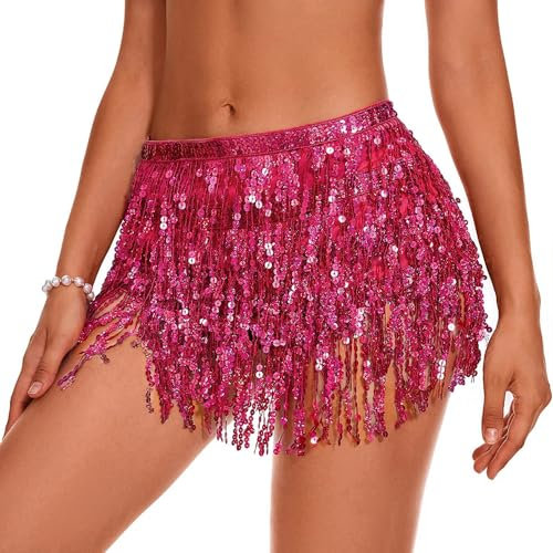 QKEPCY Damen Quasten Pailettenrock, Fransen Glitzer, Bauchtanz Kostüm Mini Latein Metallic Rock Kurz Knielang Für Fasching Karneval Party Festival