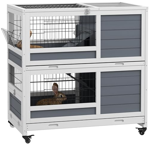 PawHut Rabbit Hutch Guinea Pig Hutch Indoor with Wheels Openable Top Grey