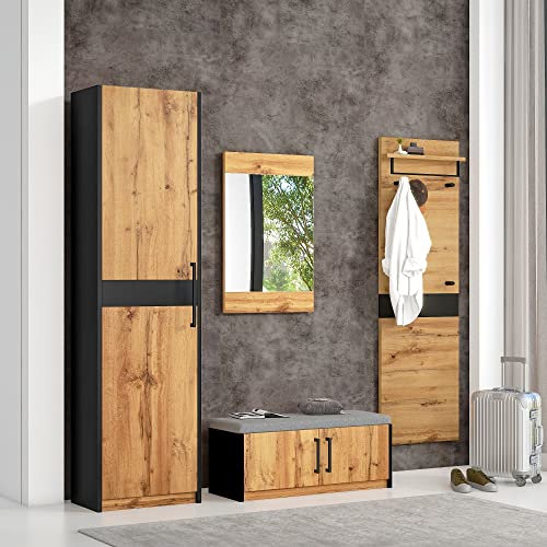 Garderoben Set 4-teilig mit Spiegel und Sitzbank, Stylishe Kompaktgarderobe mit 4 Kleiderhaken, Garderoben Set, Garderobenmöbel,Garderoben-Set, Stangen und Ablage, Praktischer Wandgarderobe