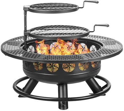 36 Inch Fire Pit with 2 Cooking Grills,Outdoor Wood Burning BBQ Firepit with Lid, 3-in-1 Outdoor Fire Pit for Backyard Deck Bonfire Patio Picnic(Black)