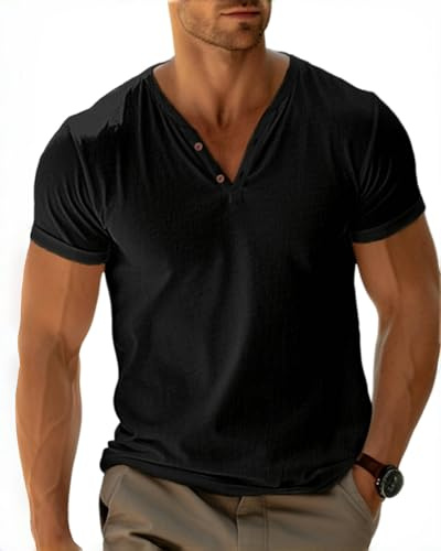 LAOARA T-Shirt Homme Henley Teeshirt col Bouton Ouvert à Manches Courtes pour Homme