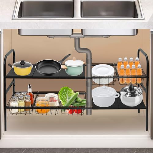 Wusboo Organizer Sottolavello Cucina, Organizzatore Sottolavello per Mobile sotto Lavello, Organizer a 2 Livelli con 5 Ripiani e 5 Cesti Appesi, Scaffale sotto Lavabo per Cucina, Balcone, Soggiorno