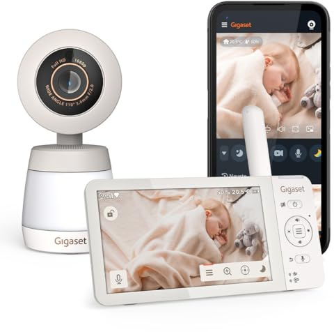 Gigaset Baby 700 Connected – videobabymonitor med 5,5-tums full HD-pekskärm – säker FHSS & WLAN-överföring – Lång batteritid – lång räckvidd med Gigaset App, Cream White/Warm Grey [tysk version]