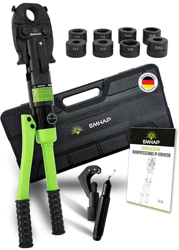 EMHAP© Rohrpresszange hydraulisch – Presszange mit TH & V Kontur für Kupferrohre, Alu-Verbundrohr & Edelstahlrohr – Pressfitting Zange inkl. Rohrschneider & Entgrater - Rohrpresse Presswerkzeug