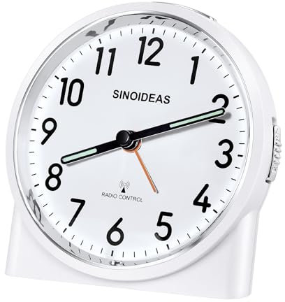 SINOIDEAS Funkwecker，Funkwecker Analog ohne Ticken, mit Nachtlicht Schlummerfunktion, 1 x 1,5 V AA-Batterie (Nicht im Lieferumfang enthalten) (Weiß)