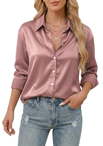 Stamain Women's Satin Blouse Silk Pink Long Sleeve Button Down Shirt Casual Ladies Blouses Tunic Tops for Work Office Business M