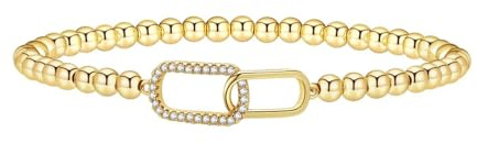 WATEFOER Bracciali con Perline in Oro per Donna, Bracciali Elastici Placcati in Oro 14K con Ciondolo a Cuore Croce Bracciale con Ciondolo a Sfera Fatto a Mano Gioielli Regalo (CZ quadrato)