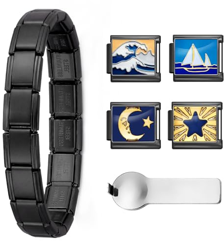 Double Fair Bracelet italien à breloques – 18 maillons 18,3 cm en acier inoxydable 9 mm avec 4 breloques interchangeables (lune/vague/patte) et outil d'ouverture pour femme, 7inch, Pas de pierre