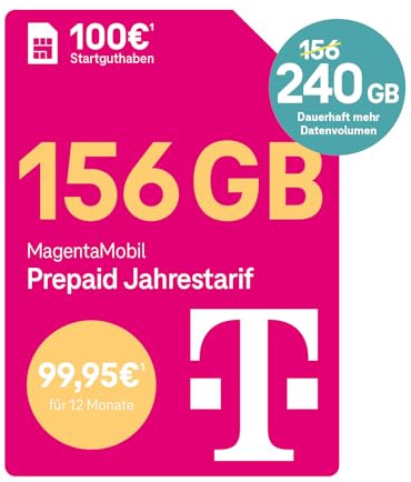 Telekom MagentaMobil Prepaid Jahrestarif 156 GB (13GB/Monat) | 5G/LTE Max & Allnet Flat in alle dt. Netze | unverbrauchtes Datenvolumen weiter nutzen | EU Roaming & Hotspot Flat | 100EUR Startguthaben