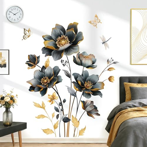 wondever Adesivi Murali Fiori Neri Grande Sticker da Muro Fiore Loto Farfalle Oro Adesivi da Parete per Soggiorno Camera da Letto Ufficio