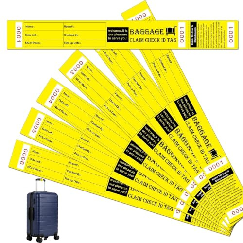 1000 Pcs Yellow Hotel Bag Identification Luggage Tags with Transfer Tape | Claim Check Tag Luggage ID Tags Transfer Tape on Back Bag Numbering from 0000 to 0999 for Hotel and Motel Suitcase Storage