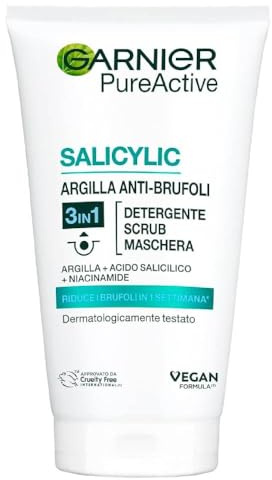 Garnier Pure Pelle 3 in 1 Gel Detergente Scrub Maschera, Pelle Grassa con Imperfezioni, 150 ml