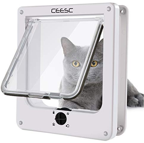 CEESC Porta magnetica per gatti con serratura a 4 vie per gatti, gattini e gattini, versione aggiornata (M, bianco)