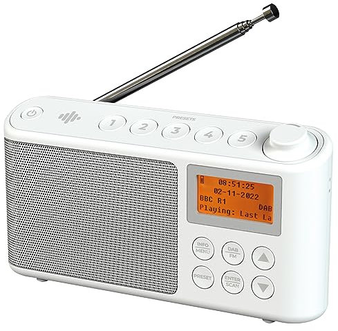 Radio Dab/Dab+ & FM, Alimentation Secteur et Batterie, Poste Radio Numérique Dab Portable avec Chargement USB pour 15 Heures de Lecture (Blanc)