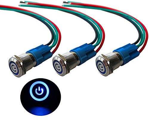QitinDasen 3Pcs Premium 12V/24V 3A Self-locking Latching Push Button Switch, 12mm Car Ignition Starter Switch, Blue LED Light Stainless Steel IP66 Waterproof Switch with Socket Plug Wire