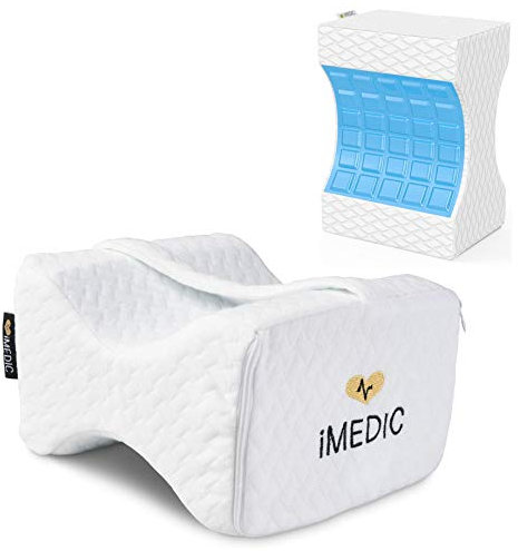 iMedic Memory Foam Kniekissen zum Schlafen Gel gefüttert Premium Qualität Orthopädisches Beinkissen zur perfekten Ausrichtung für Seitenschläfer, weißer Jacquard