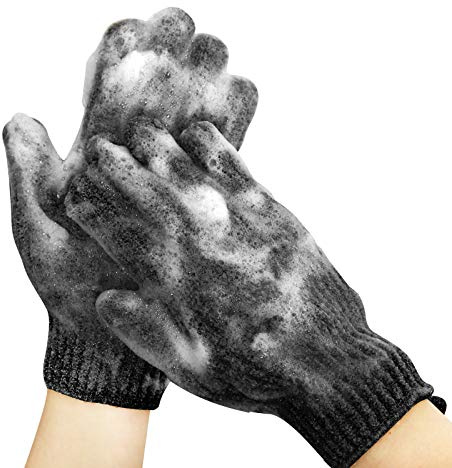 MIG4U Shower Scrub Gloves Exfoliating for Women and Men Medium to Heavy Bathing Remove Dead Skin Body Beauty Sponge Loofah Deep Cleansing (1 Pair, Black-Nylon)