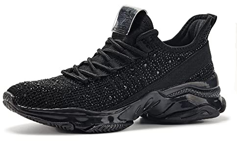 BELOS Women's Fashion Rhinestone Mesh Knit Slip On Sneaker Breathable Glitter Walking Shoes(Black,10)