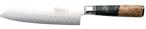 Katana Saya Elements 18 cm Santoku-kniv, regnskogsgrön – Högkolhaltigt VG-10 Damaskusstål för extrem hårdhet och skärpa – Handtag i naturligt olivträ och harts