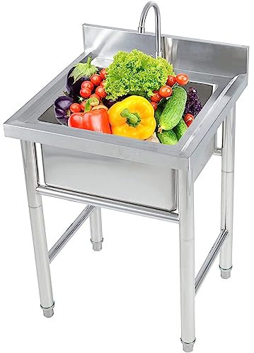 Évier Inox de Cuisine Multifonctionnel sur Pied - Bac Unique, Robinet Pivotant 360°, Utilitaire Commercial pour Intérieur/Extérieur, Facile à Nettoyer, Porteur 150kg