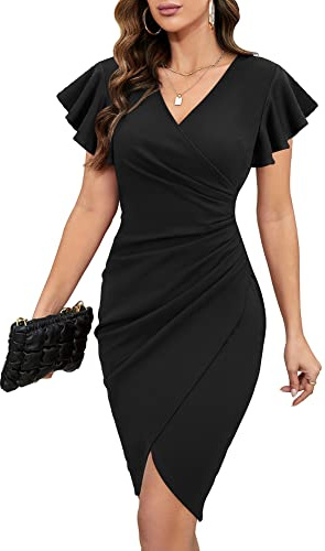 Machico Women's Cocktail Dress Midi Length Flutter Sleeve V Neck Ruched Wrap Knee Length Sheath Work Dresses Black