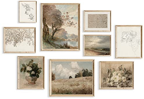 Vintage Wall Art Decor Rustic Wall Decor Aesthetic Farmhouse Wall Pictures Vase Flower Boho Canvas Wall Art Prints Netural Wall Art for Bedroom Living Room Nature Landscape Jasmine Tree Sea Grassland