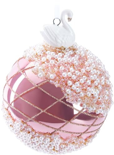 BRUBAKER Premium Pallina di Natale rosa con Figurina di Cigno - Pallina di Vetro Decorata a Mano - Decorazione per Albero di Natale da 10 cm con Ornamenti di Perle e Brillantini