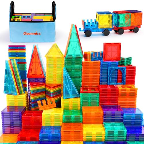 Gemmicc Tuiles Magnétiques, 126 Pièces avec Boîte de Rangement, Blocs de Construction Magnétiques STEM pour Enfants 3-9 Ans, Jeux Éducatifs à Emboîter pour Filles et Garçons, Grand Set avec 2 Voitures