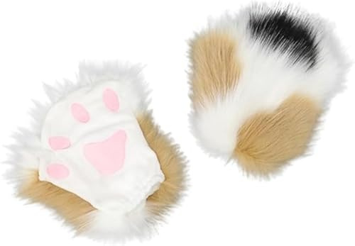 Obenie Guantes de pata de gato de Halloween Therian Paws Therian Gear Peludas Paws Cosplay Manoplas esponjosas, blanco 2, Talla única