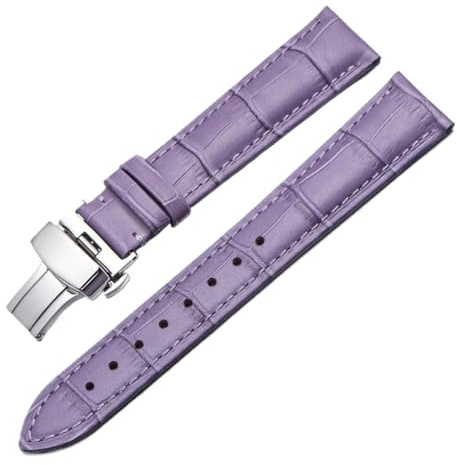 Chlikeyi Cinturino 12-22mm Catena per orologio con fibbia a farfalla in vera pelle, Argento viola chiaro, 17mm