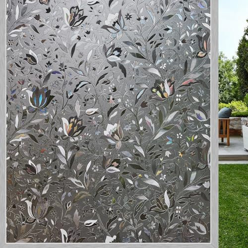 LEMON CLOUD Window Film Opaque Self-Adhesive Rainbow Static No-Glue Privacy Film Anti-UV Sun Protection Film for Living Room Grey Black Tulip - 60 x 200 cm