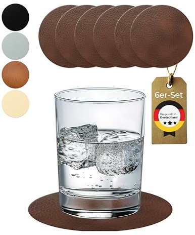 Läderfabrik Garnier ® Underläggsunderlägg runda set om 6 – halkfria och tvättbara – perfekt bordsskydd – glasunderlägg läder brunt – Made in Germany