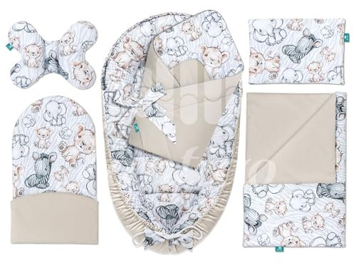 Lantigo Set für Neugeborene 6-teiliges Babynest Baumwolle mit Samt Baby Nestchen 95×55 cm inkl. Baby Kissen, Babydecke, Babyhörnchen, Erstausstattung Neugeborene Safari Cappucino