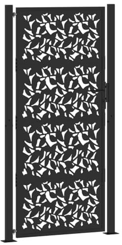 vidaXL Portail de jardin noir 105x205 cm acier conception de feuilles, porte de clôture, porte extérieure, porte en métal, porte de sécurité