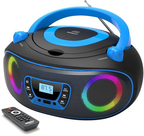 WIITHINK Portable CD Player with FM Radio, Bluetooth CD Boombox, USB, AUX Input, Headphone Jack, Colorful Light, Remote Control, Mains or Battery Powered