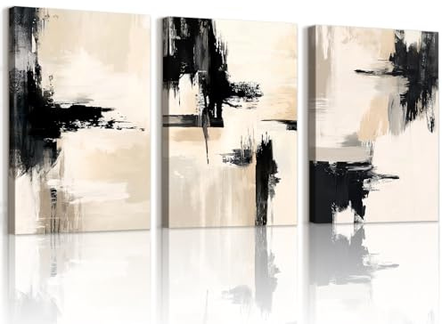 WENGTIAO Set of 3 Minimalist Ink Canvas Wall Art Prints Framed Pictures | Abstract Black Beige White Gray Painting on Canvas Wall Pictures for Living Room Bedroom Home Wall Decor 30x40cmx3