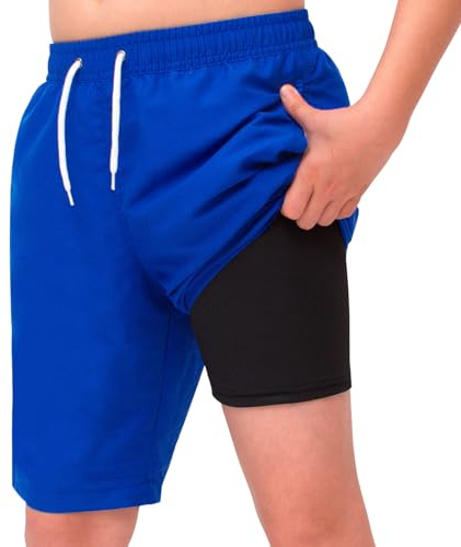 MEILONGER Badbyxor pojkar 2-i-1 badshorts barn snabbtorkande boardshorts badmode simbyxor med kompression innerbyxor justerbar dragsko