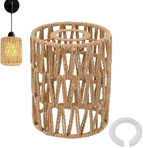 Pantallas de Ratán, 1 Pieza Pantalla Lampara Ratán Boho con 1 Anillo Adaptador, Pantalla de Lámpara Colgante, Lámparas de Mimbre Colgantes, para E27, E14 Lámparas de Mesa, para Comedor, Bar