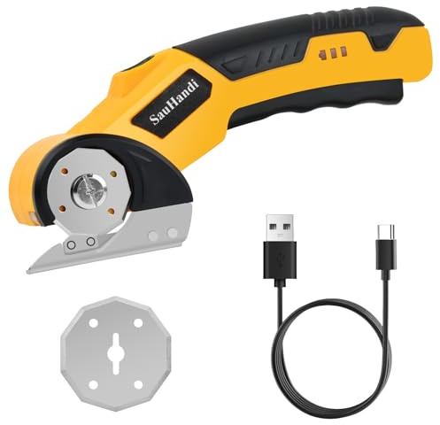Focenat Forbici Elettriche per Tessuti, Taglierina Elettrico 4V Taglierino Rotante Senza Fili con Batteria 2000mAh, 2 Lame Autoaffilanti, per Carta, Cartone, Moquette, Pelle, Feltro, Plastica