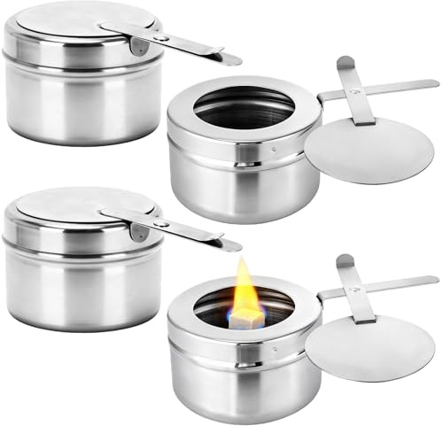 AXVRAV 4 Stück Brennpastenbehälter mit Deckel, Edelstahl Fondue Brenner, Spiritusbrenner, Speisewärmer Brennbehälter für Warmhaltebehälter, Brennpaste, Buffet Zubehör, Fondue, Camping, Grillpartys