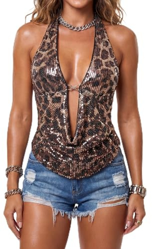 Women's Cheetah Print Sequin Top Y2K Tie Back Corset Halter Going Out Crop Tops Club Outfits for Women (A-Brown,Small)