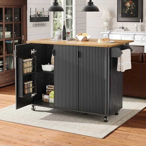 ECLIVON Isla De Cocina con Mesa Plegable, Carro de Cocina con Estante para Especias, Mueble Auxiliar De Cocina con Organizador Cocina, Carrito Auxiliar con Ruedas y Cajones, 130x92x45 cm (Negro)