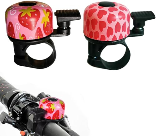 VEOIRXU 2 Pièces Sonnette de Guidon pour Enfants Cloche de Vélo Durable et Amusante avec Motif Mignon Accessoire de Bicyclette Universel pour Vélos Tricycles et Trottinettes (Fraise + Cœur)