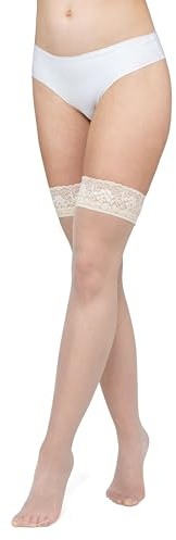 LORES Bas autofixants pour femmes avec dentelle Collants hauts en silicone Chaussettes 15 deniers au-dessus du genou, Ecru M/L